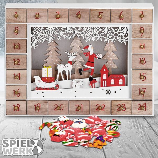 Drveni adventski kalendar SANTA CLAUS s rasvjetom, 35x6x27 cm, bijela/smeđa Spielwerk