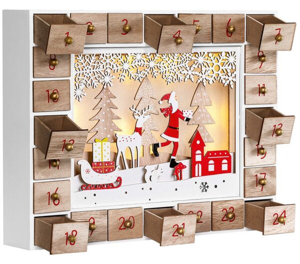 Drveni adventski kalendar SANTA CLAUS s rasvjetom, 35x6x27 cm, bijela/smeđa Spielwerk
