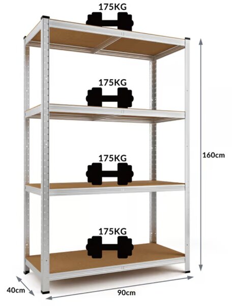 Regal s visokom nosivošću HEAVY, max. 700 kg, 90x40x160cm, srebrna Monzana