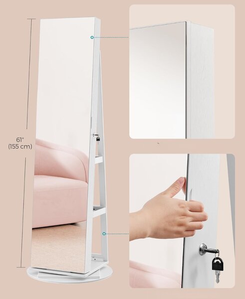 Stojeće ogledalo s prostorom za nakit CHANTAL, 54,5×54,5×162 cm, bijela SongmicsHome