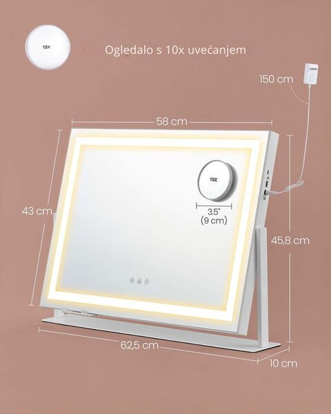 Kozmetičko ogledalo DAHLIA s LED osvjetljenjem, 10x62,5x45,8 cm, bijelo SongmicsHome