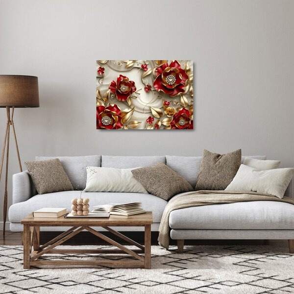 Staklena slika - 3D crveno-zlatno cvijeće (70x50 cm)