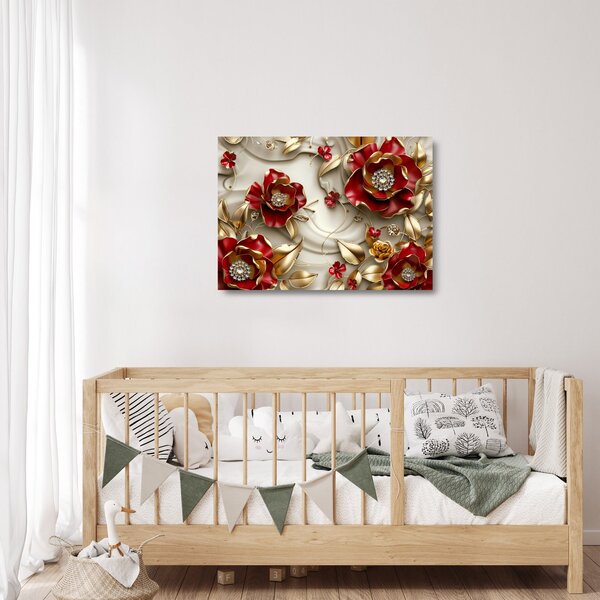 Staklena slika - 3D crveno-zlatno cvijeće (70x50 cm)