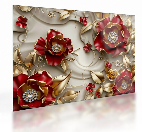 Staklena slika - 3D crveno-zlatno cvijeće (70x50 cm)