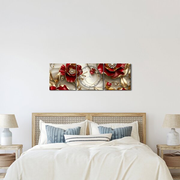 Slika - 3D crveno-zlatno cvijeće (sa satom) (90x30 cm)
