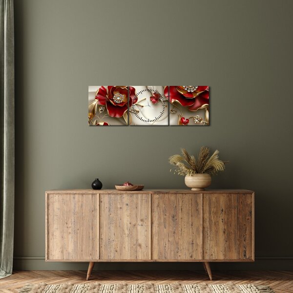 Slika - 3D crveno-zlatno cvijeće (sa satom) (90x30 cm)