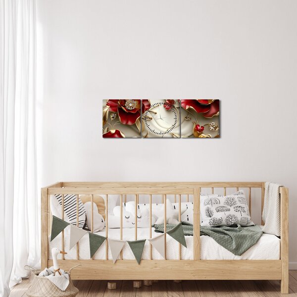 Slika - 3D crveno-zlatno cvijeće (sa satom) (90x30 cm)