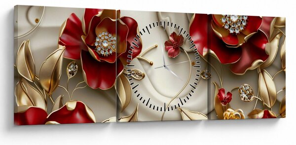Slika - 3D crveno-zlatno cvijeće (sa satom) (90x30 cm)