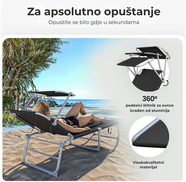 Vrtna ležaljka HAWAII s podesivim sjenilom, 195x60x30 cm, crna Casaria