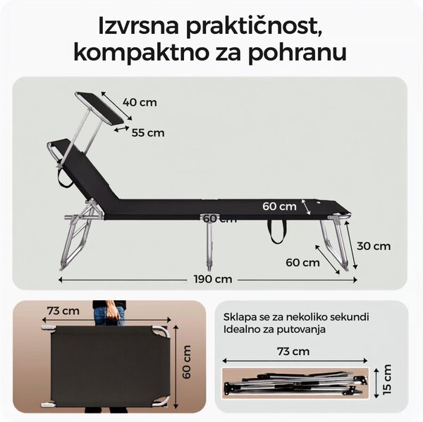 Vrtna ležaljka HAWAII s podesivim sjenilom, 195x60x30 cm, crna Casaria