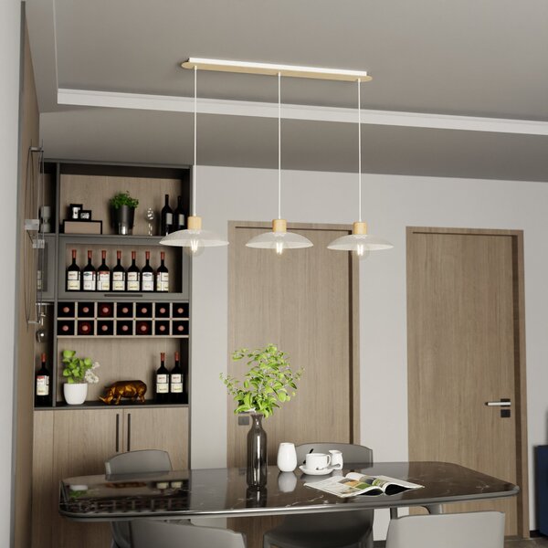 EMIBIG LIGHTING Viseća lampa Kobe, tri žarulje, čelik, drvo, bijela, prigušiva, Bijela, Dnevni boravak/blagovaonica, Metal