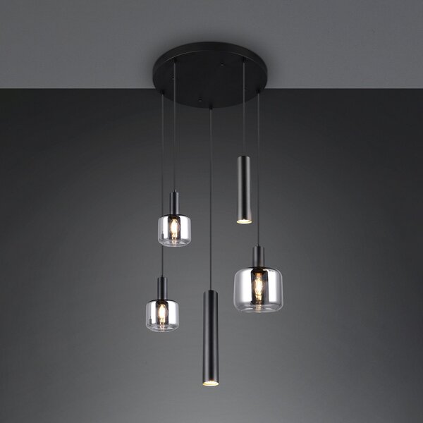 Trio Lighting Mataro viseća lampa, krom/crna, Ø 55 cm 5 žarulja. Staklo/metal, prigušiva, Crno, Dnevni boravak/blagovaonica, Staklo