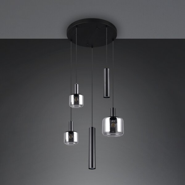 Trio Lighting Mataro viseća lampa, krom/crna, Ø 55 cm 5 žarulja. Staklo/metal, prigušiva, Crno, Dnevni boravak/blagovaonica, Staklo
