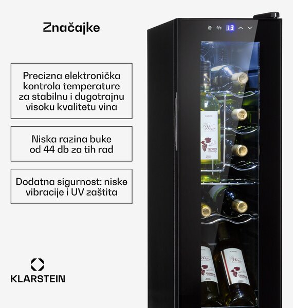 Klarstein Shiraz 12 Slim, vinski ormarić, 32 l, 12 boca, 85 W, 5–18 °C, dodirna upravljačka ploča