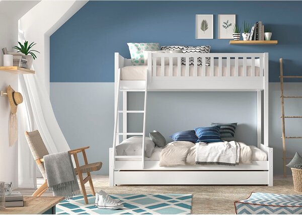 Bijeli dječji krevet od masivnog bora na kat s prostorom za pohranu 140x200/90x200 cm SCOTT – Vipack
