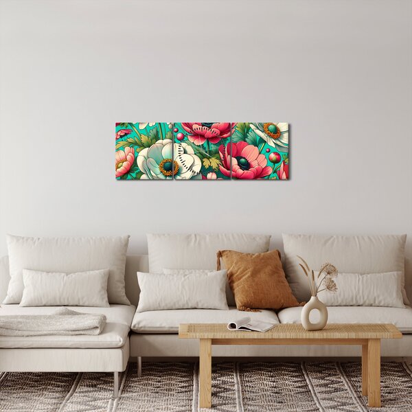 Slika - Cvijeće na plavoj pozadini (sa satom) (90x30 cm)