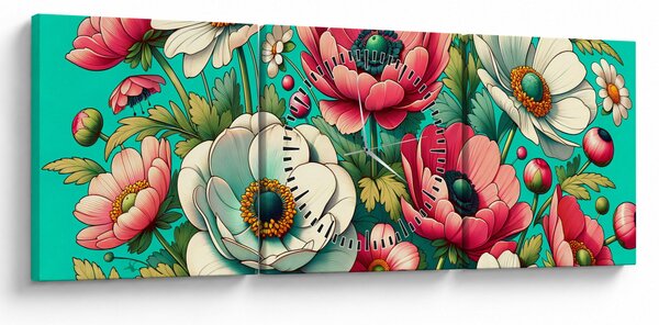 Slika - Cvijeće na plavoj pozadini (sa satom) (90x30 cm)