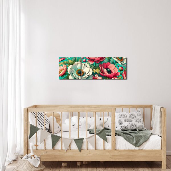Slika - Cvijeće na plavoj pozadini (sa satom) (90x30 cm)