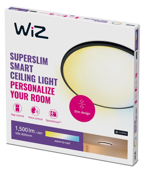 Stropne Svjetiljka WiZ, SuperSlim, prigušiv, Crno, Dnevna soba, Plastika, Moderan