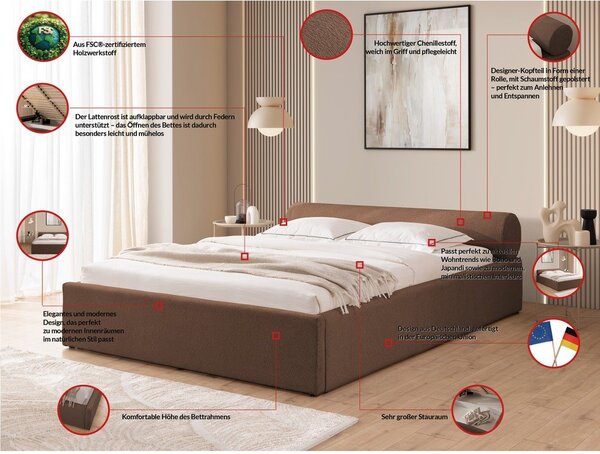Smeđi tapecirani bračni krevet s prostorom za odlaganje s podnicom 180x200 cm Cille – Ropez