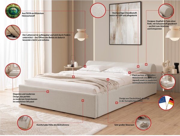 Bež tapecirani bračni krevet s prostorom za odlaganje s podnicom 180x200 cm Cille – Ropez