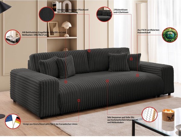 Tamno siva sklopiva/s prostorom za odlaganje sofa od samta 260 cm Justin – Ropez