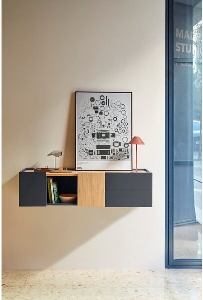 Antracitno siva/u prirodnoj boji niska komoda u dekoru hrasta 110x23 cm Otto – Teulat