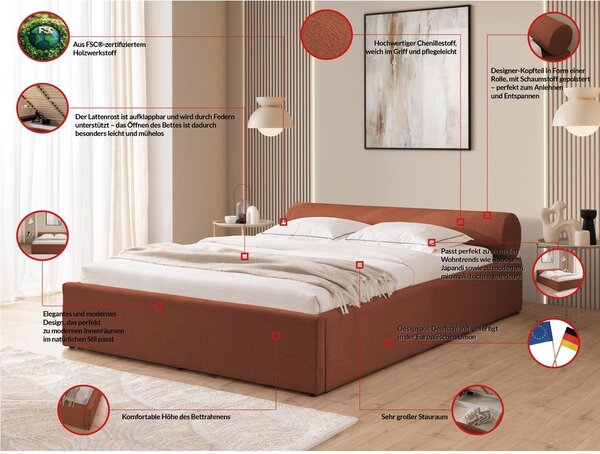 Tapecirani bračni krevet s prostorom za odlaganje s podnicom 140x200 cm boje terakote Cille – Ropez