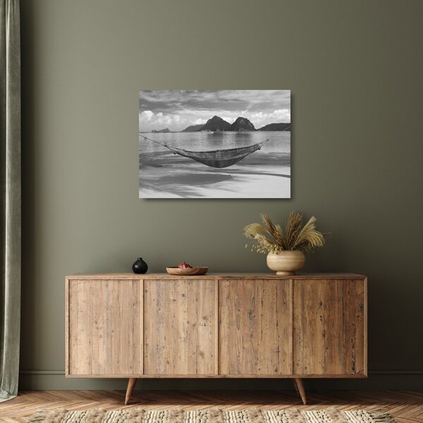 Staklena slika - Viseća mreža na plaži (70x50 cm)