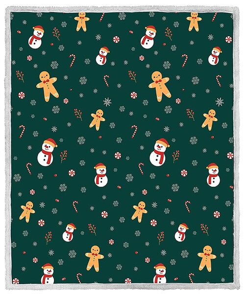 Božićni tamnozeleni pokrivač od mikropliša SNOWMAN AND GINGERBREAD Dimenzije: 200 x 220 cm