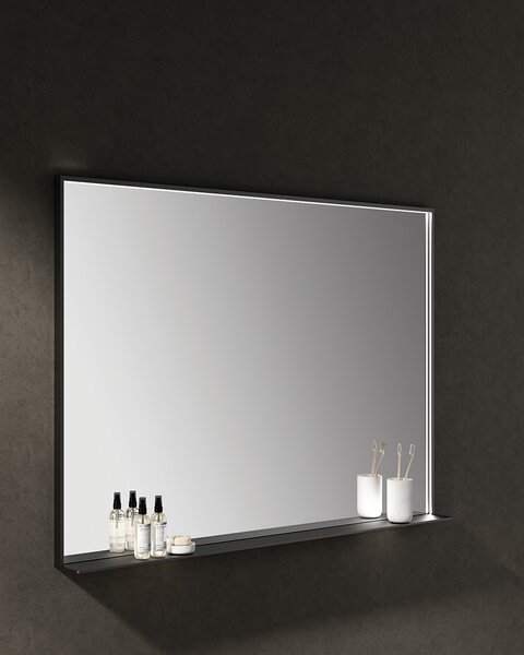 Idealaqua ogledalo s LED rasvjetom R, 80×60 cm, mat crni okvir, s policom