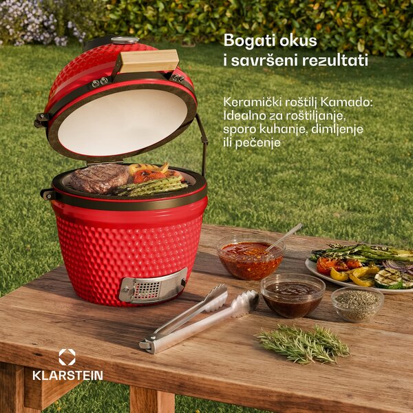Klarstein Princesize, kamado roštilj, keramički, 11", dimljenje, roštilj, sporo kuhanje, crveni