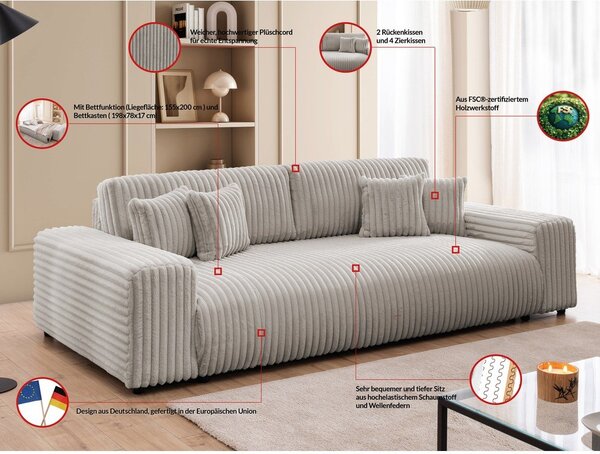 Svijetlo siva sklopiva/s prostorom za odlaganje sofa od samta 260 cm Justin – Ropez