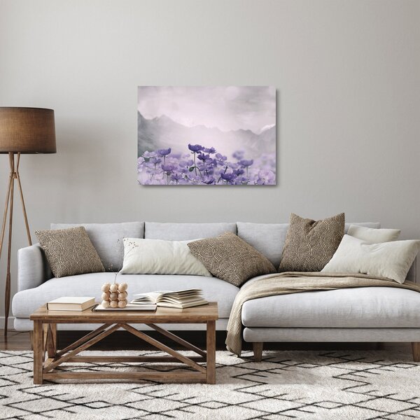 Staklena slika - Ljubičasto cvijeće u planinama (70x50 cm)