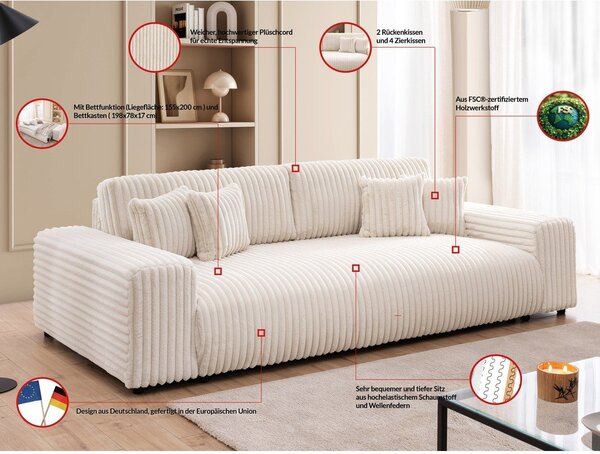 Krem sklopiva/s prostorom za odlaganje sofa od samta 260 cm Justin – Ropez