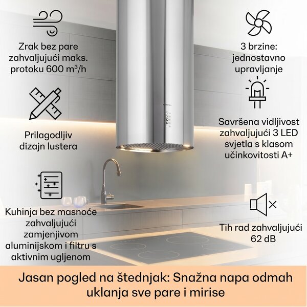 Klarstein Bolea, otočna napa, Ø38cm, recirkulacija/odvod zraka, 651m³/h, LED, uključujući filtere s aktivnim ugljenom