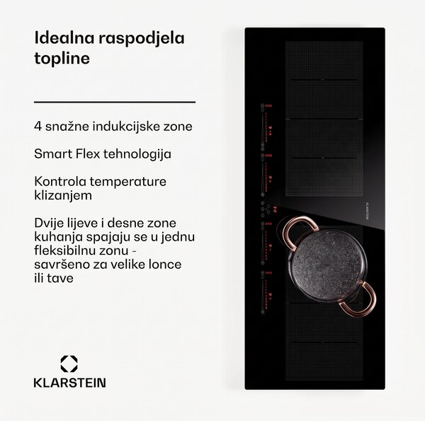 Klarstein Masterzone 90 Slim Flex, indukcijska ploča, maks. 7200 W, ugrađena, 4 zone, 2 Flex zone, ThermoBoost tehnologija, Smart Flex