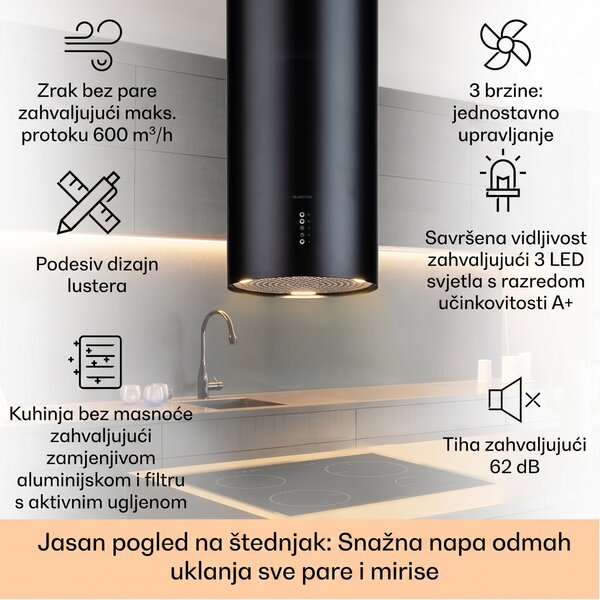 Klarstein Bolea, otočna napa, Ø38cm, recirkulacija/odvod zraka, 651m³/h, LED, uključujući filtere s aktivnim ugljenom