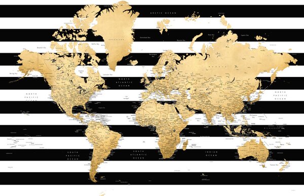 Karta Detailed gold world map with stripes, Harper, Blursbyai, (40 x 26.7 cm)