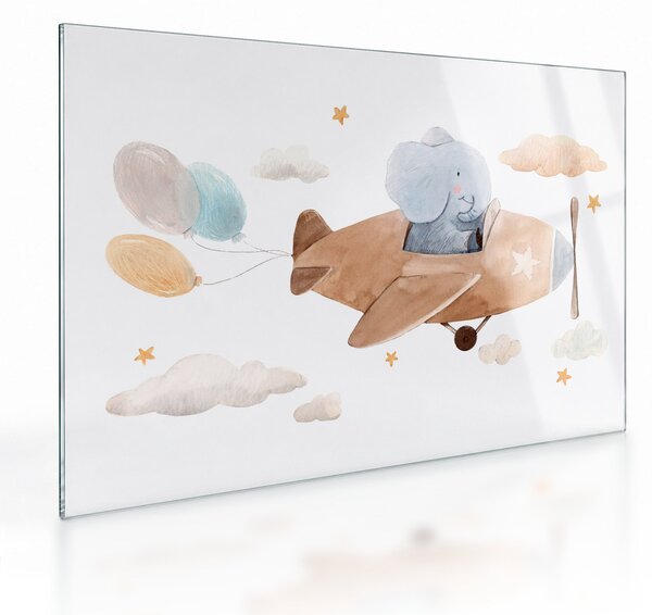 Staklena slika - Akvarel slon u avionu (70x50 cm)