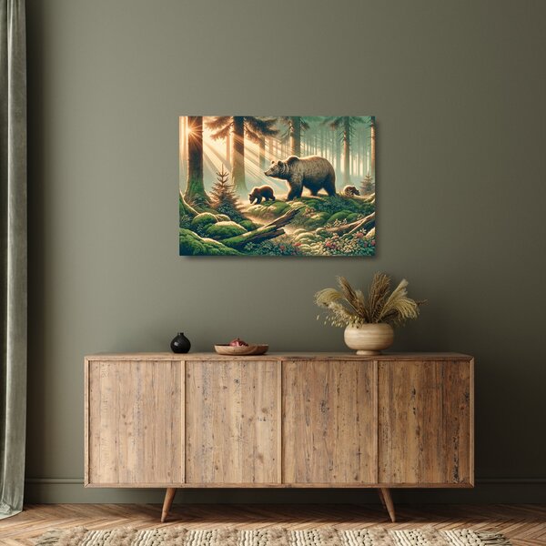 Staklena slika - Medvjedi u šumi (70x50 cm)