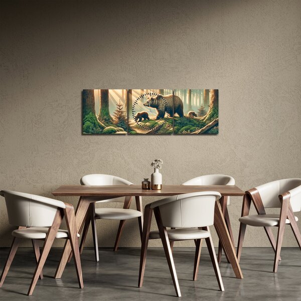 Slika - Medvjedi u šumi (sa satom) (90x30 cm)