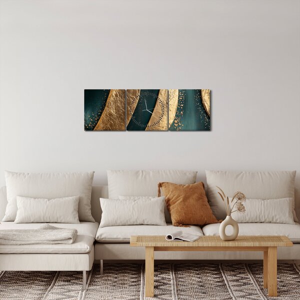 Slika - Zelena apstrakcija sa zlatom I. (sa satom) (90x30 cm)