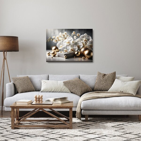 Staklena slika - Orhideja i zlatne kugle (70x50 cm)