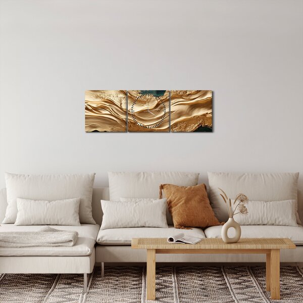 Slika - Zelena apstrakcija sa zlatom II. (sa satom) (90x30 cm)