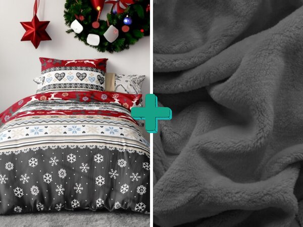 2x posteljina od flanela CHRISTMAS DEER crvena + plahta od mikro pliša SOFT 180x200 cm tamno siva