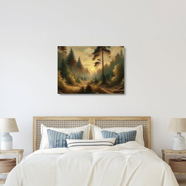 Staklena slika - Sunce koje sja kroz šumu (70x50 cm)