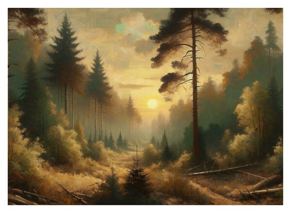 Staklena slika - Sunce koje sja kroz šumu (70x50 cm)