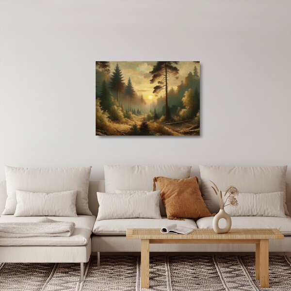Staklena slika - Sunce koje sja kroz šumu (70x50 cm)
