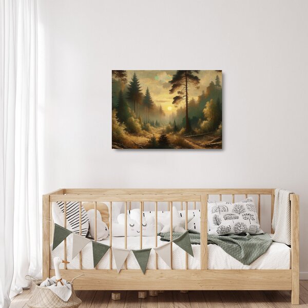 Staklena slika - Sunce koje sja kroz šumu (70x50 cm)